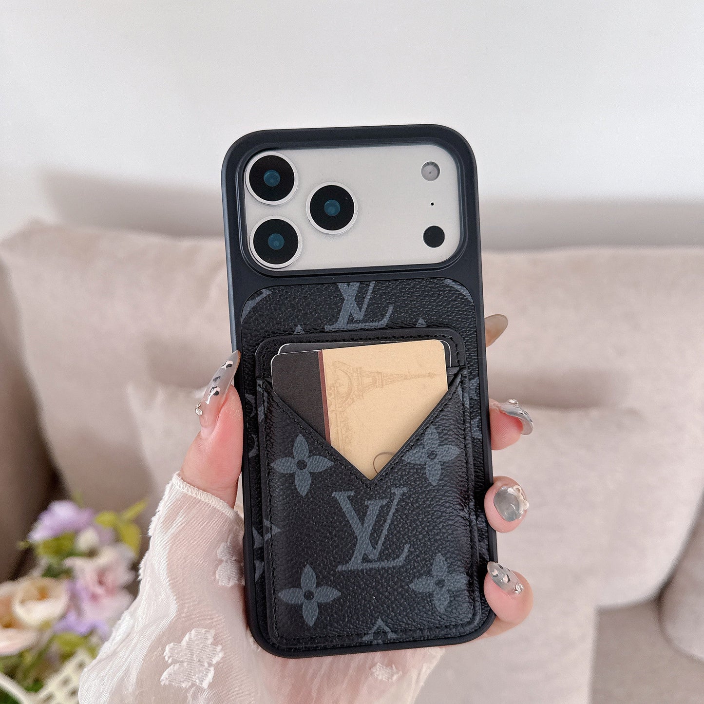 LV Style Black Wallet iPhone Case – With Card Holder & Protection