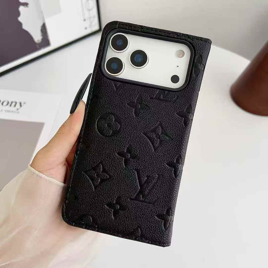 LV Style Black Flip Wallet iPhone Case