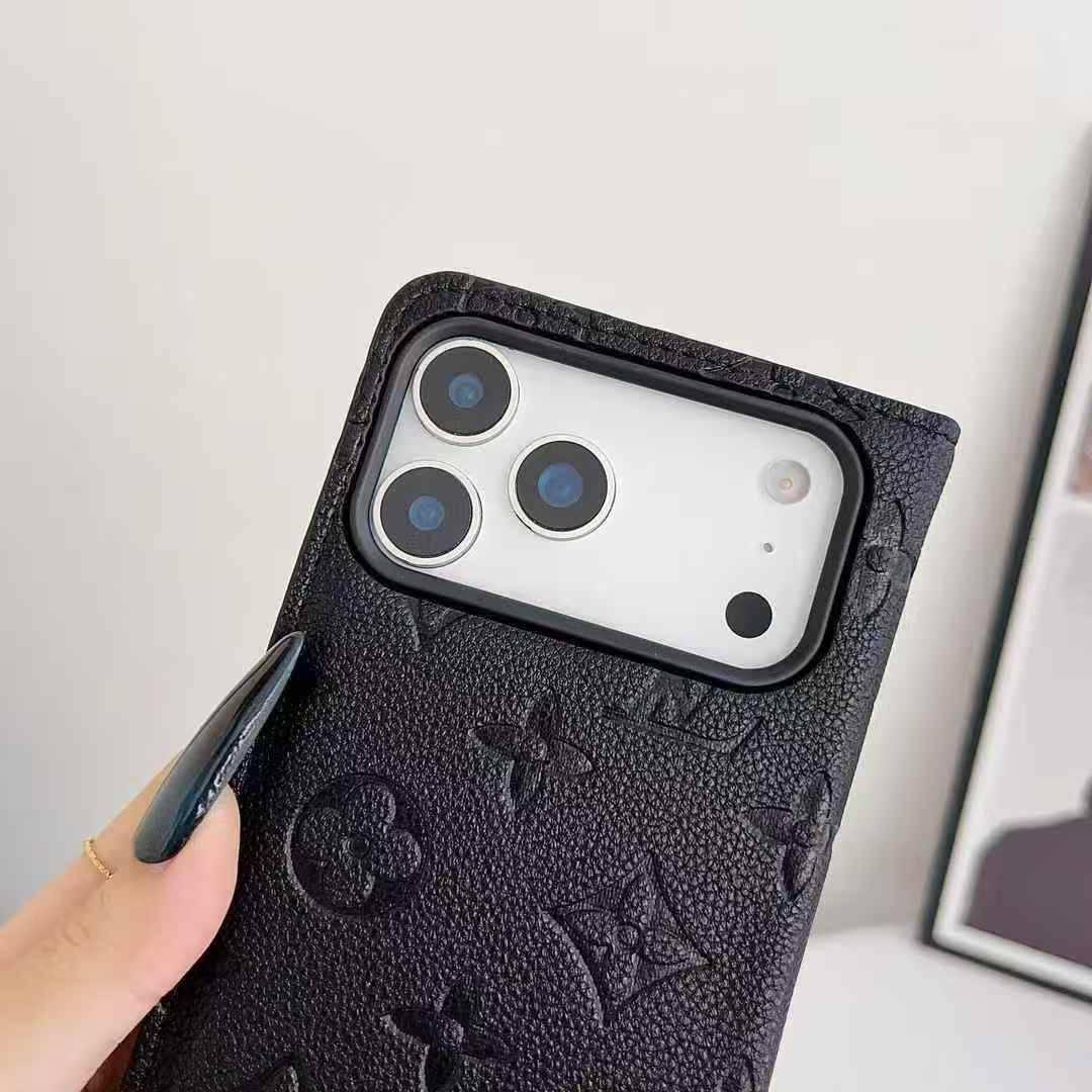 LV Style Black Flip Wallet iPhone Case