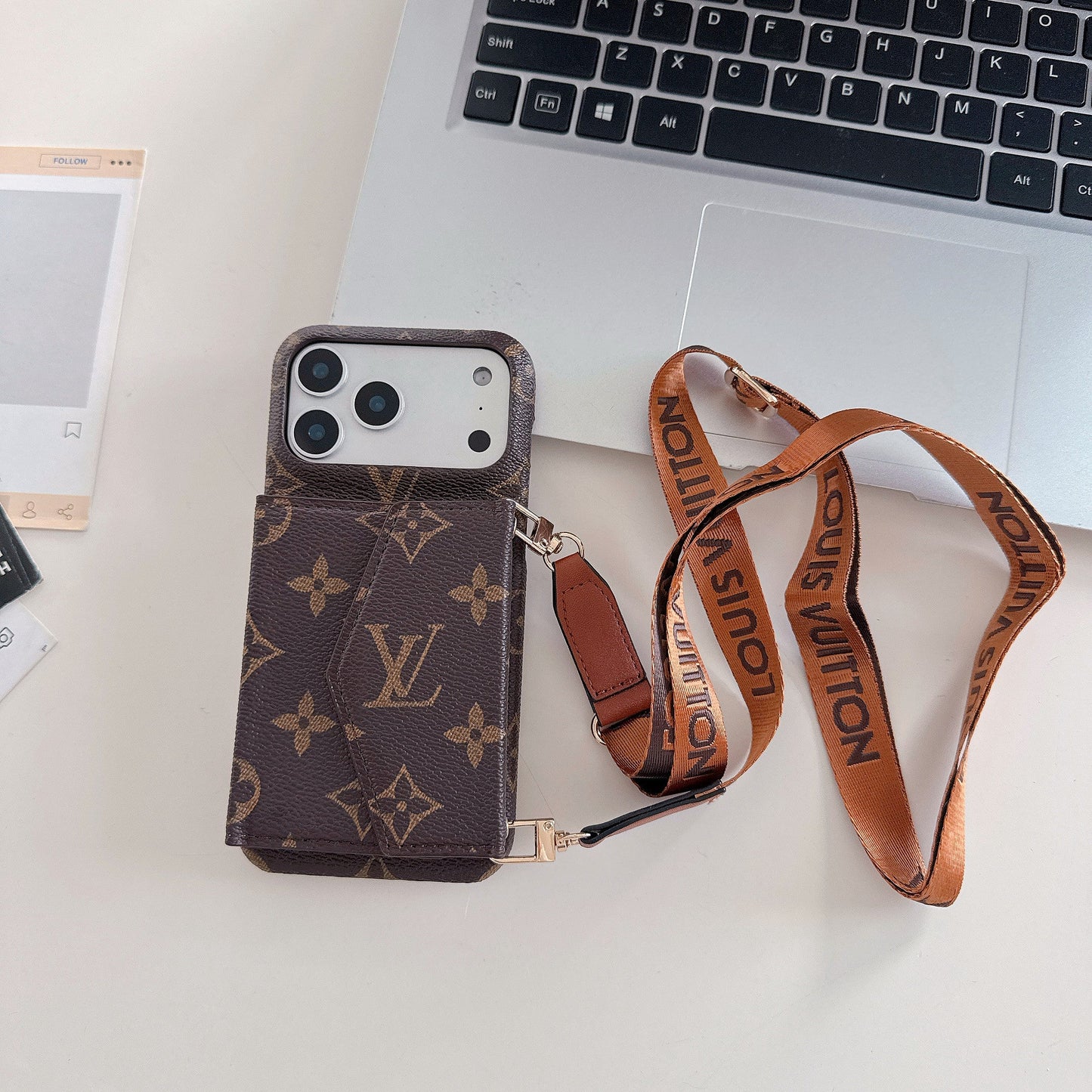 LV Style Crossbody Wallet iPhone Case – With Strap & Card Holder
