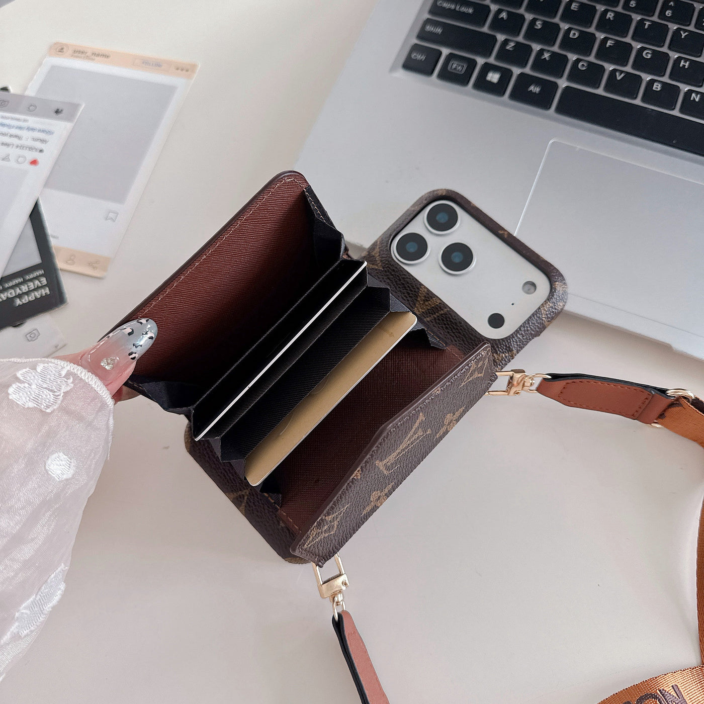 LV Style Crossbody Wallet iPhone Case – With Strap & Card Holder