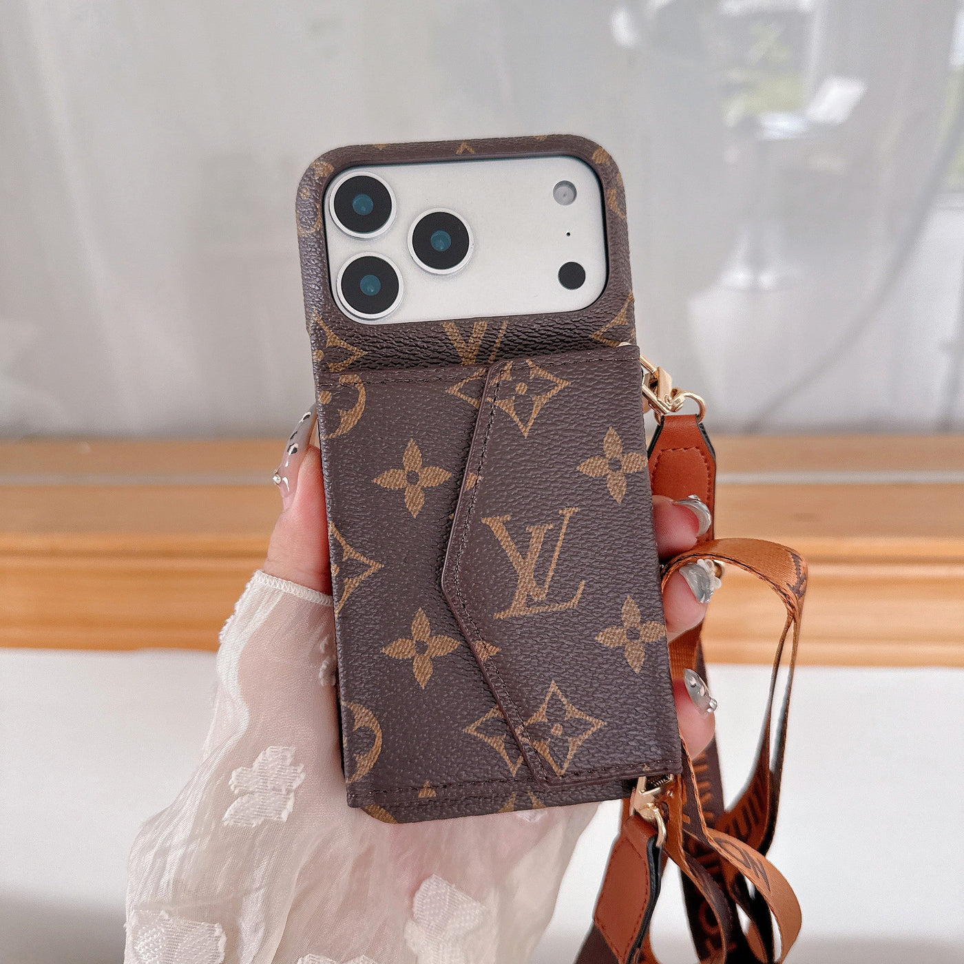 LV Style Crossbody Wallet iPhone Case – With Strap & Card Holder